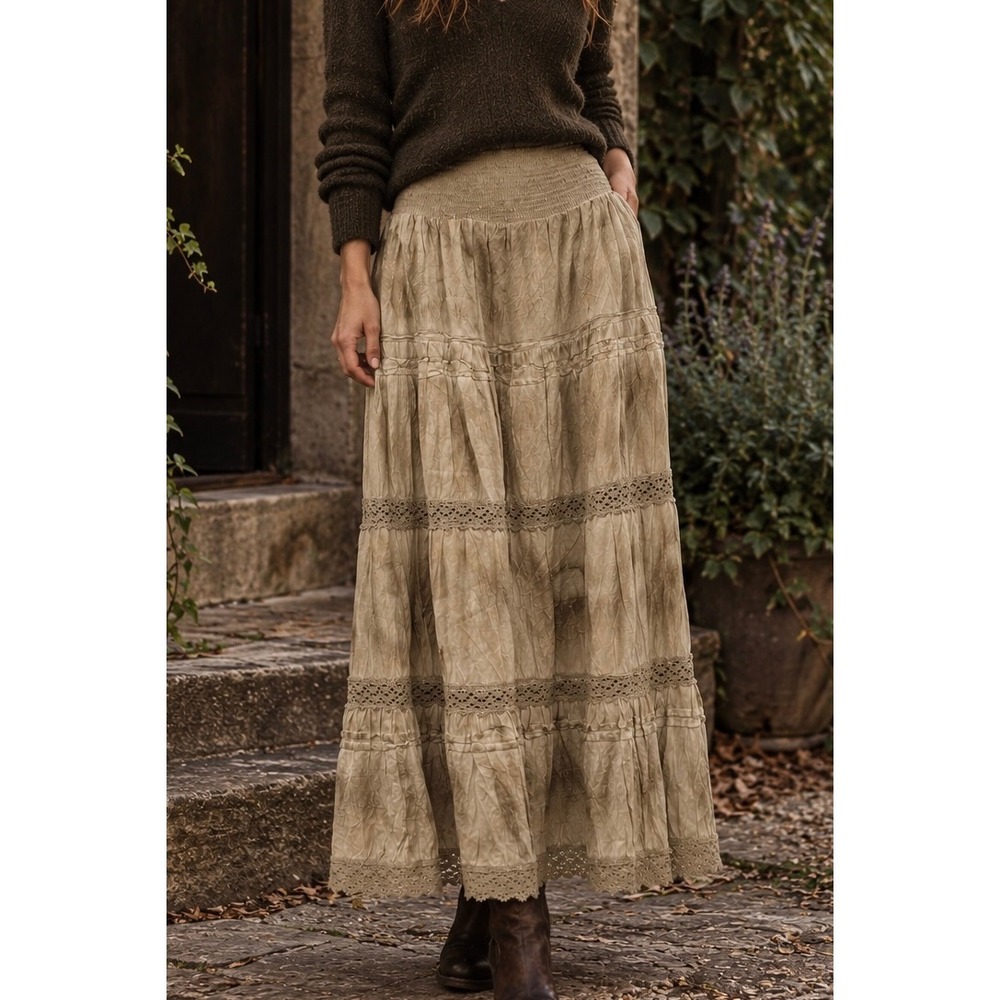 Fairy Grunge Indie Maxi Skirt Womens L Whimsigoth Boho Practical Magic Tan Lace